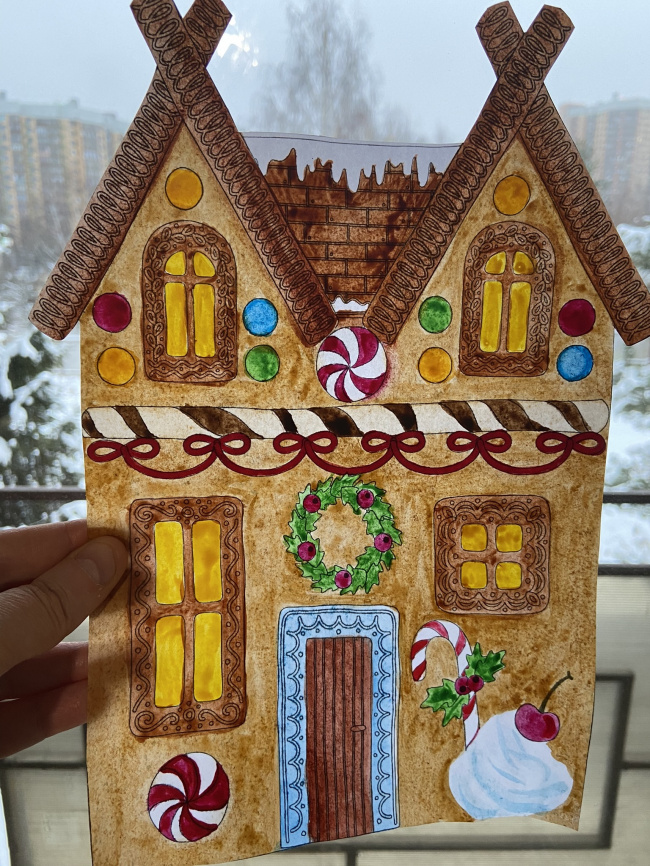 Оформление для окон "Сладкое королевство": панорама и витражи из пряничных домиков фото 17